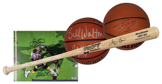 Lot of (4) Multi-Basketball Signed Items Featuring Larry Bird, Magic Johnson, John Wooden, Bill Walton and Shaquille ONeal (PSA/DNA)